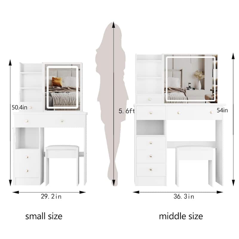 Vanity Desk with Touch Control Sliding LED Mirror, Large Capacity Dressing Table Set, Makeup Table with Cushioned Stool - White