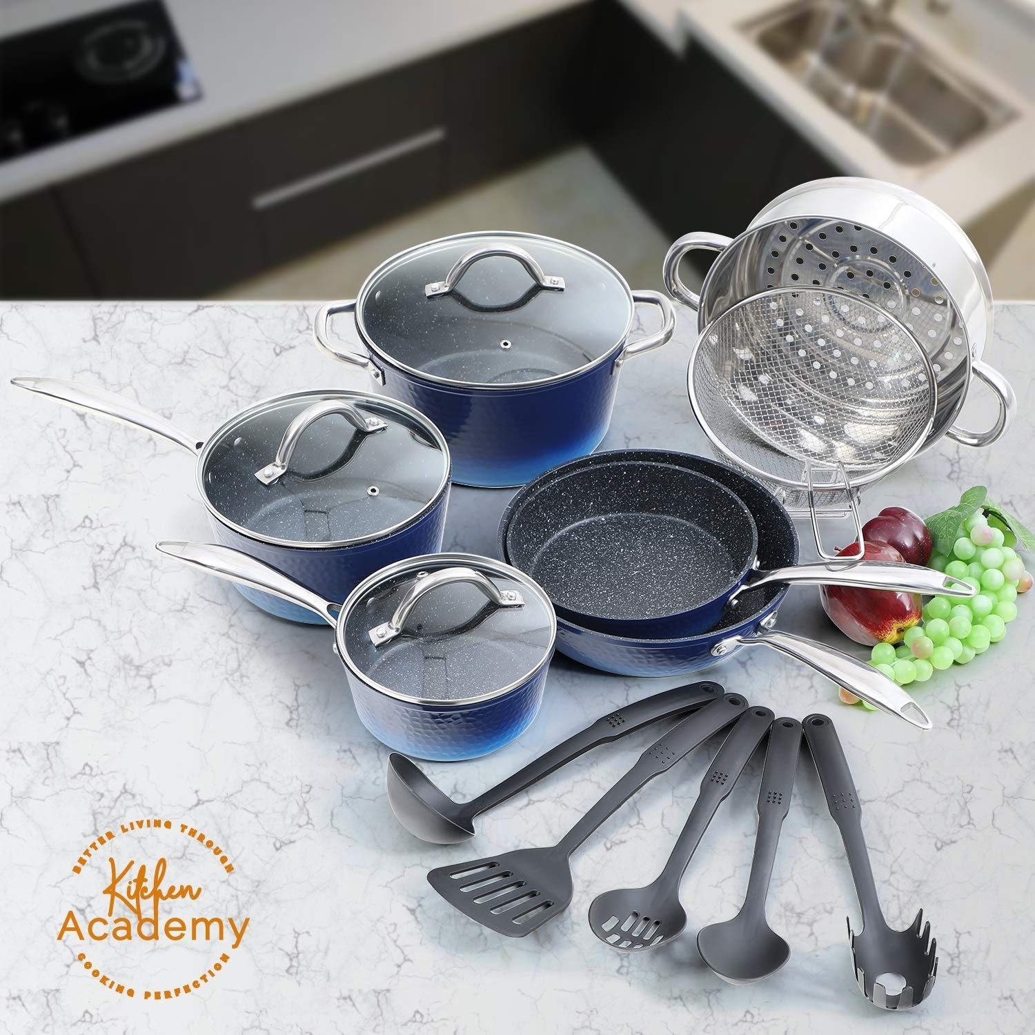 Kitchen Academy 12-Piece Nonstick Granite Stone Cookware Pots and Pans Set  with 4 PC Silicone Hot Handle Holder, Induction Set - On Sale - Bed Bath &  Beyond - 32400464