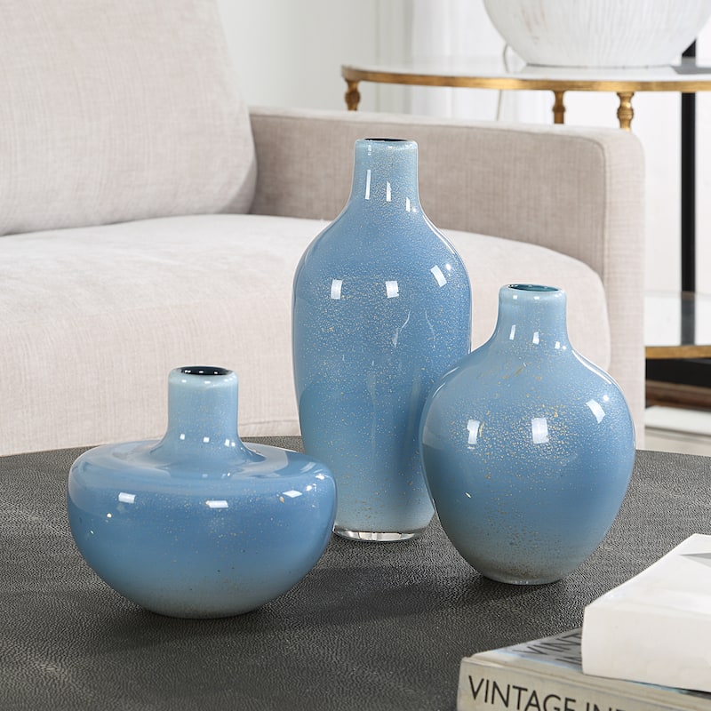 Metallic Speckled Glass Vases - 15" - Frost Blue - Set of 3