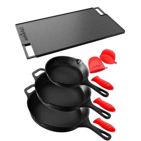 NutriChef Non Stick Cast Iron Skillet 3 Piece Set w/ 18 Inch Stovetop Grill Pan - 12 inch