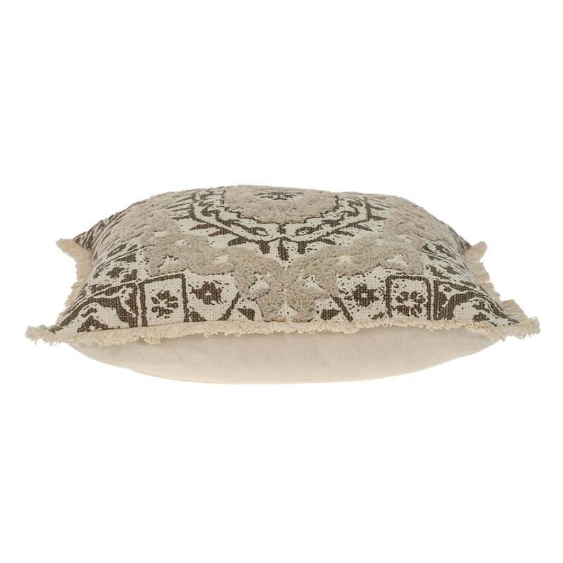 18" Beige and Brown Embroidered Ethnic Design Throw Pillow