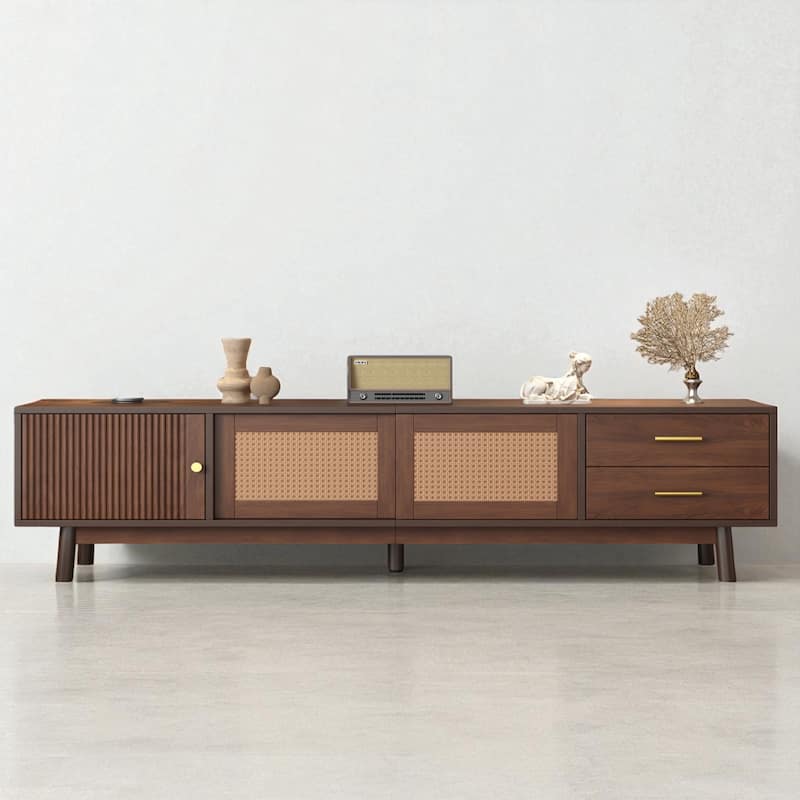 Mid Century Modern 70" TV Stand with Sliding Rattan Doors and Drawers, Entertainment Console for 80 Inch TVs - Dark Brown