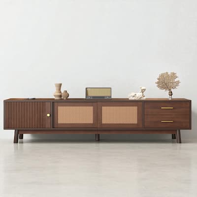 Mid Century Modern 70" TV Stand with Sliding Rattan Doors and Drawers, Entertainment Console for 80 Inch TVs