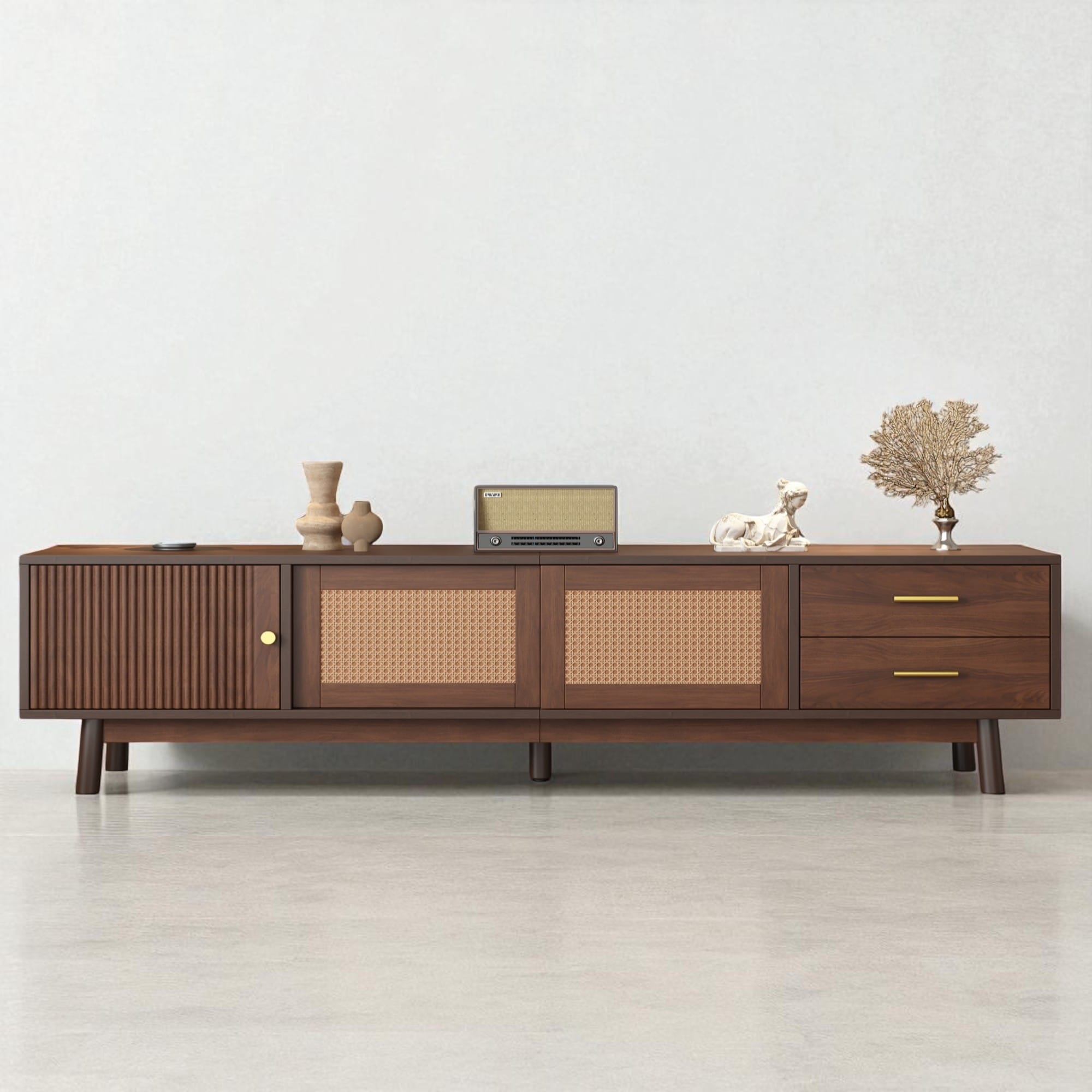 Mid Century Modern 70" TV Stand with Sliding Rattan Doors and Drawers, Entertainment Console for 80 Inch TVs