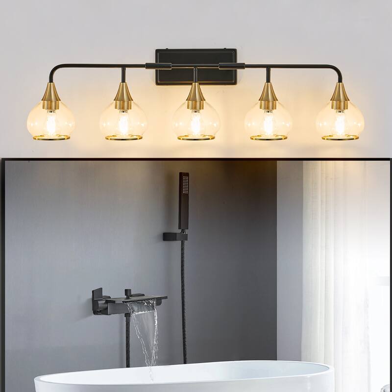 40" Modern 5-Light Vanity Wall Sconce, Light Fixture with Clear Glass Shades - Black+Gold