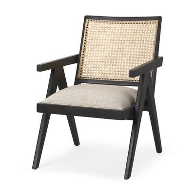 Donna Beige Fabric w/ Cane Back & Black Solid Wood Frame Accent Chair