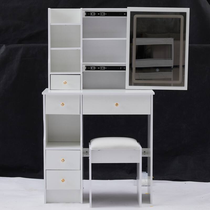 Dressing Table Stool Set with Brightness Adjustable Touch LED Mirror