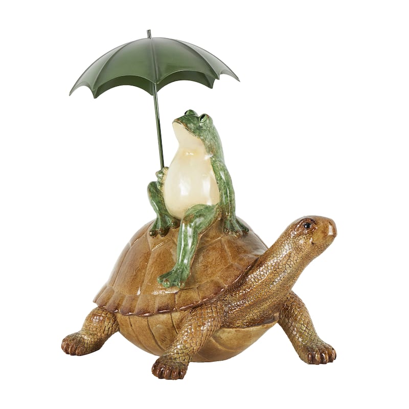 Bronze Resin Sitting Frog Decorative Sculpture with Umbrella and Brown Walking Turtle