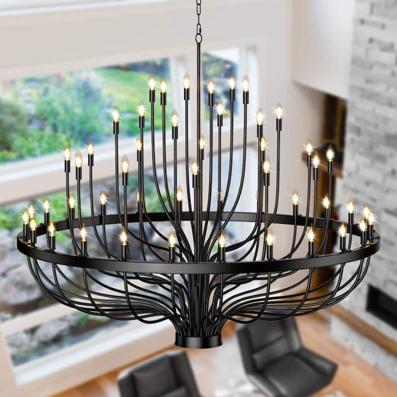 Rustic Industrial Farmhouse Chandelier - 48/96-Light Adjustable Black Candle Pendant Light for High Ceilings, Dining Room - 59