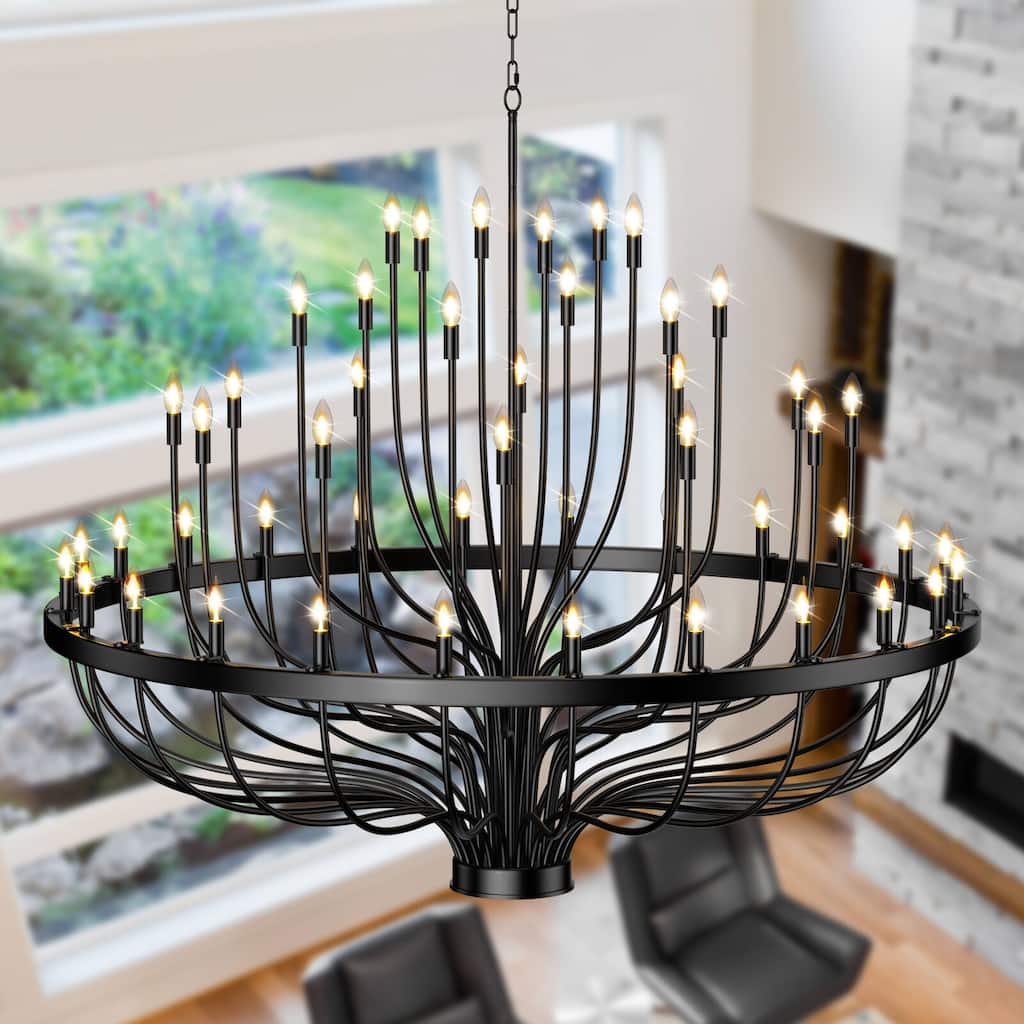 Rustic Industrial Farmhouse Chandelier - 48/96-Light Adjustable Black Candle Pendant Light for High Ceilings, Dining Room
