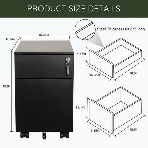 2 Drawer Mobile File Cabinet with Lock Metal