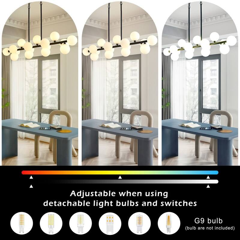 Modern 16 Light Linear Chandelier with Glass Globe Lampshade, Mid Century Sputnik Chandelier for Kitchen Island