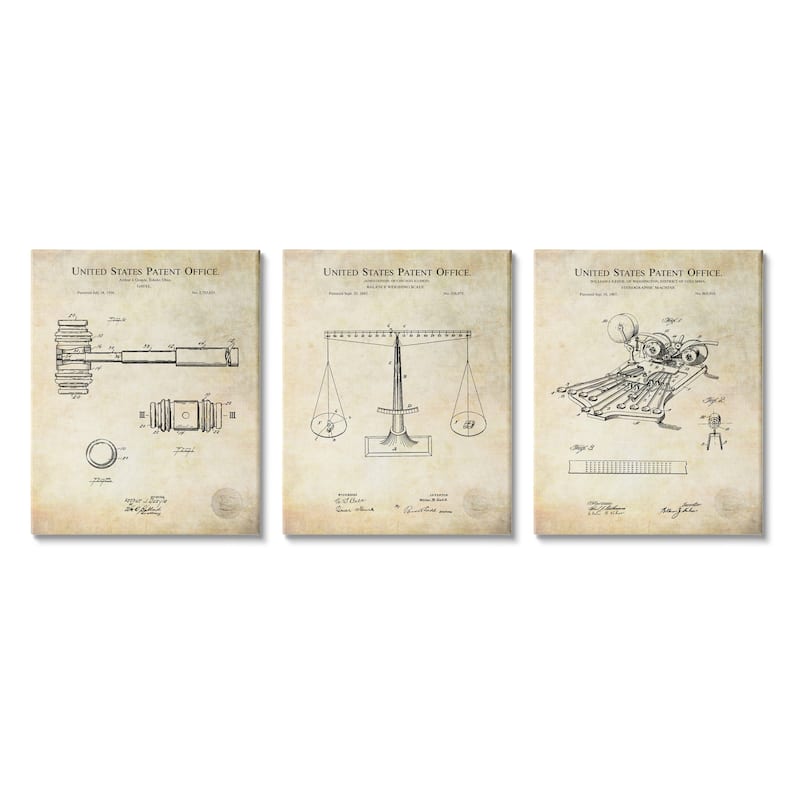 Stupell Vintage Courtroom Patents Judge Scale Gavel and Stenograph Canvas Wall Art - Brown