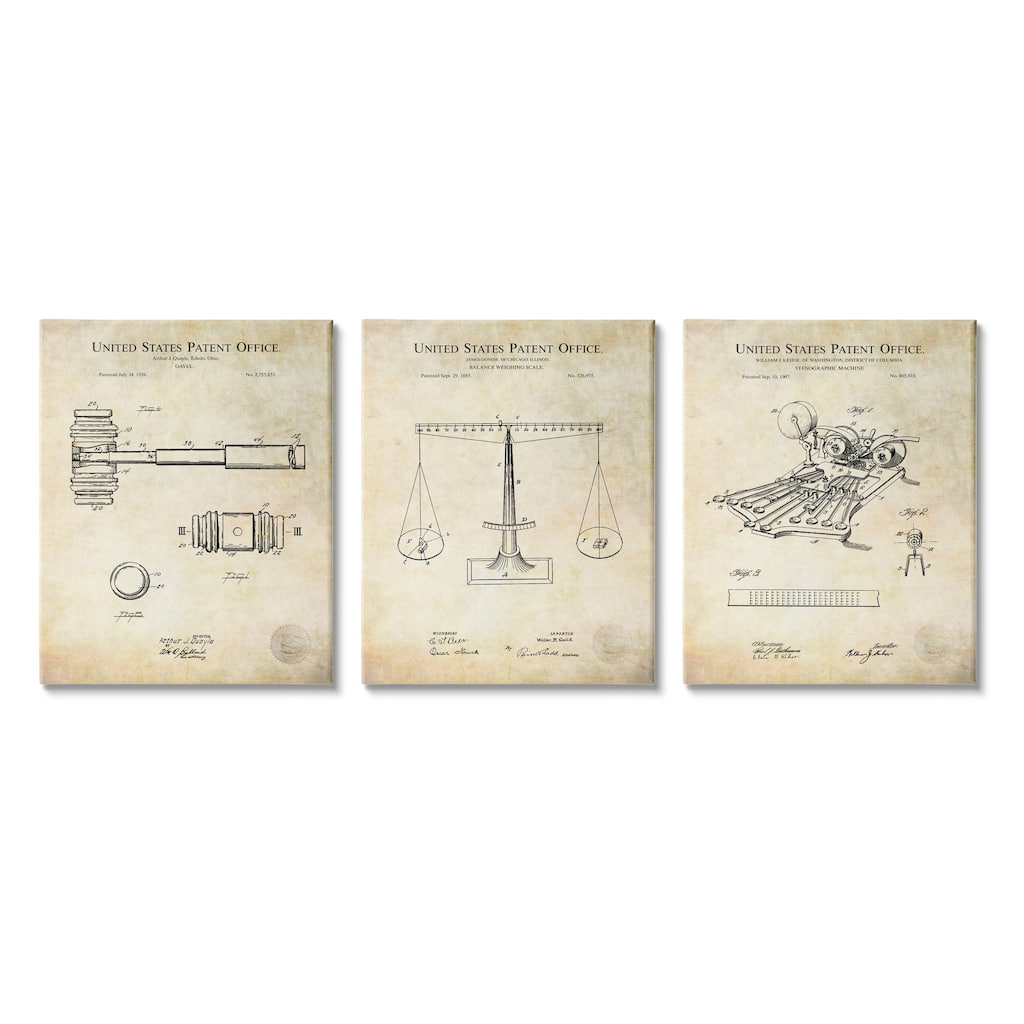 Stupell Vintage Courtroom Patents Judge Scale Gavel and Stenograph Canvas Wall Art - Brown