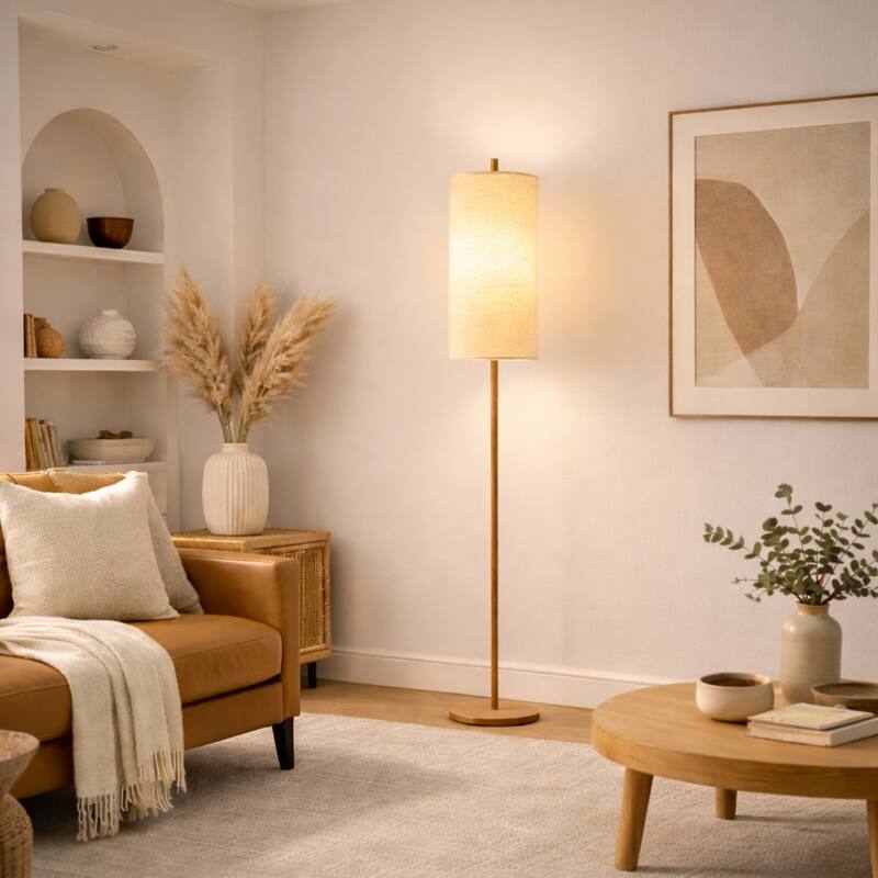 Alicia Natural Wooden Floor Lamp with Cylindrical Woven Shade