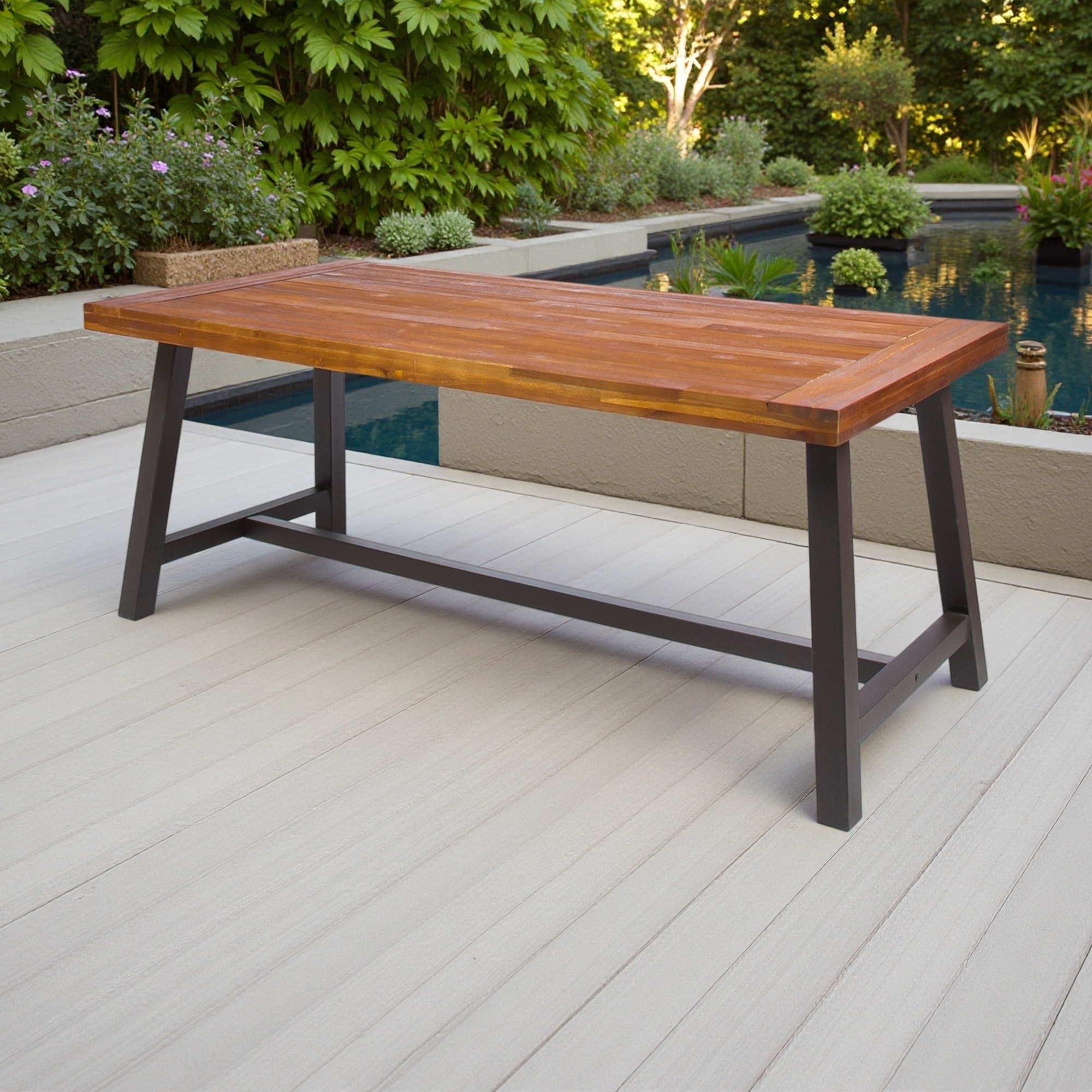Outdoor Acacia Wood Dining Table with Sturdy Metal Frame and Slatted Tabletop