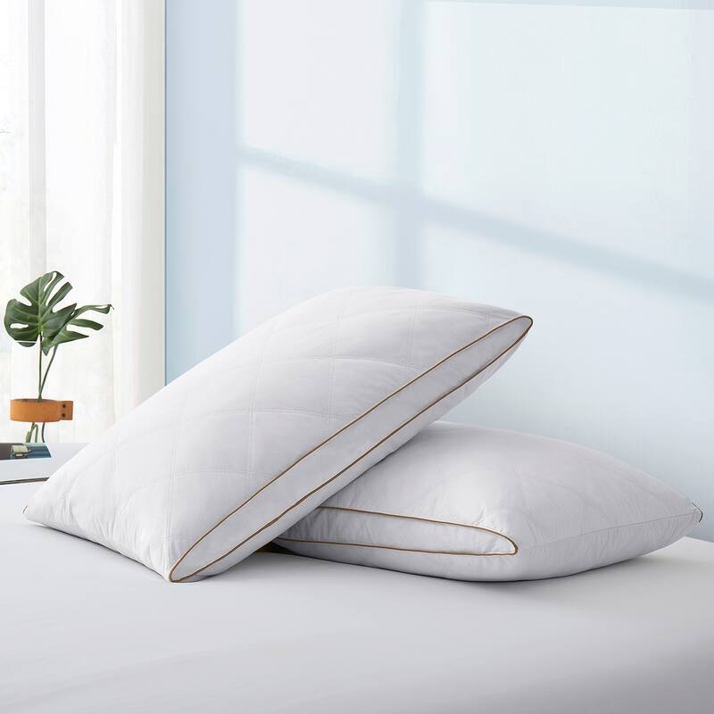 2 Pack Premium Quilted 2" Gusset Goose Feather and Down Bed Pillows for Side&Back Sleepers - White
