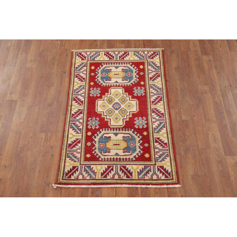 Geometric Kazak Foyer Rug Handmade Red Wool Carpet - 2'7" x 4'3"