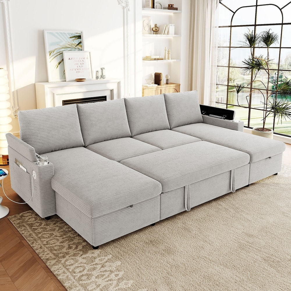 Roomfitters Convertible Sofa Bed 109.5" U-Shaped Sectional Upholstered Sofa with Storage Chaise, Cup Holders and USB Ports