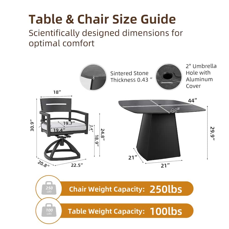 5-Piece Pedestal Dining Set - 44" Sintered Stone Table and 4 Swivel Rockers, Rust-Free Aluminum, Ember Black