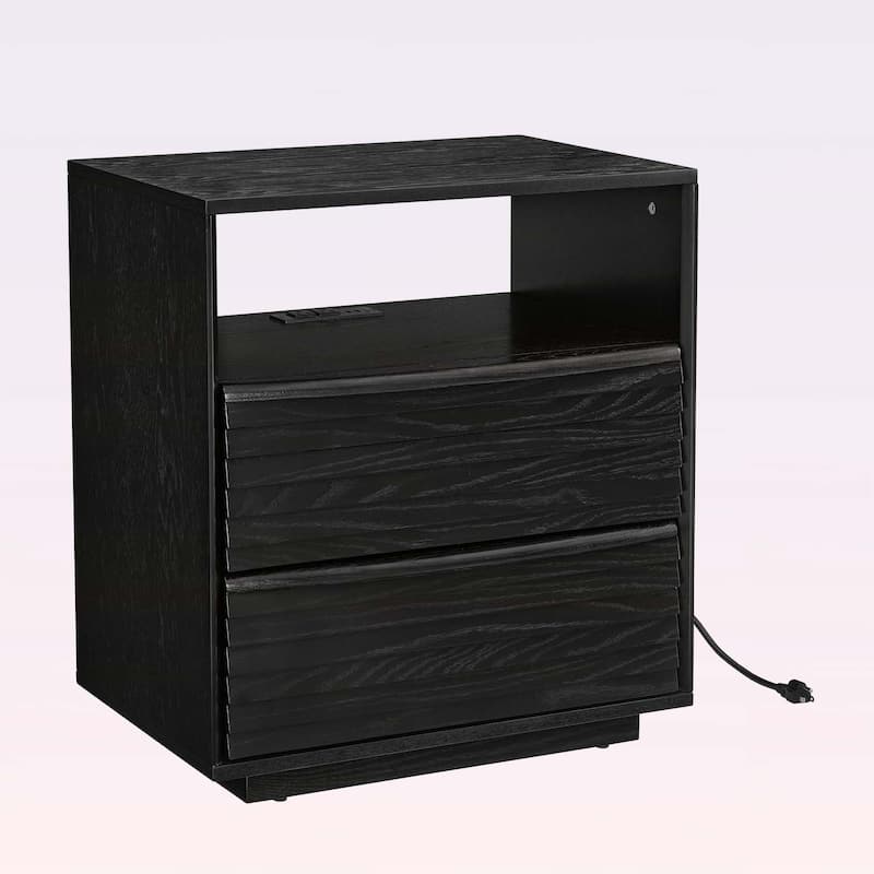 Nightstand with Charging Station,Outlet,and 2 Wood Drawers,for Living Room