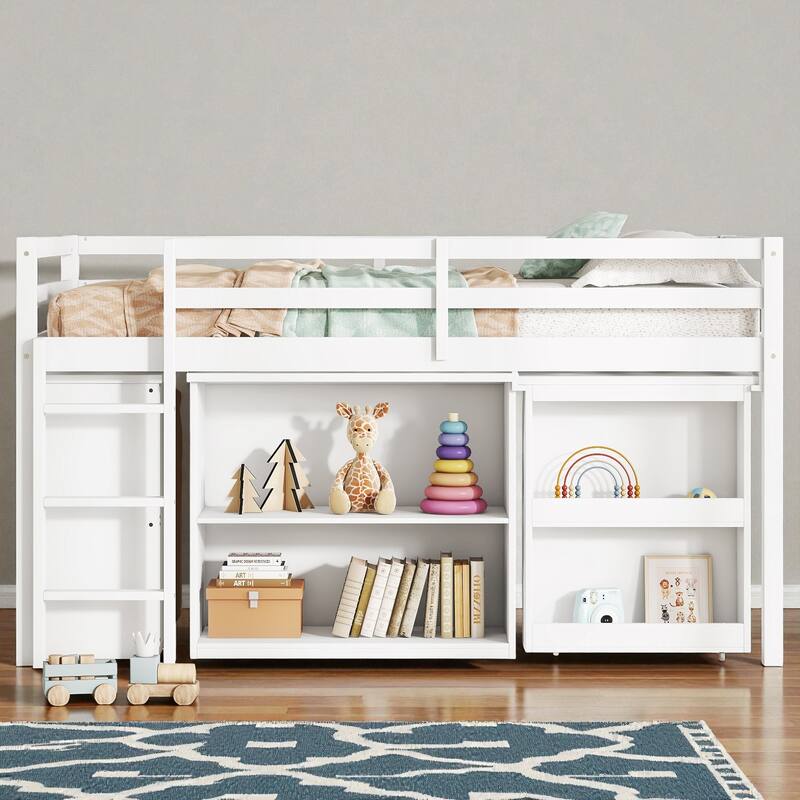 Twin Size Rubber Wood Loft Bed with Pull-Out Desk, Drawer Cabinet, and Shelf Storage, Safety Guardrails and Ladder