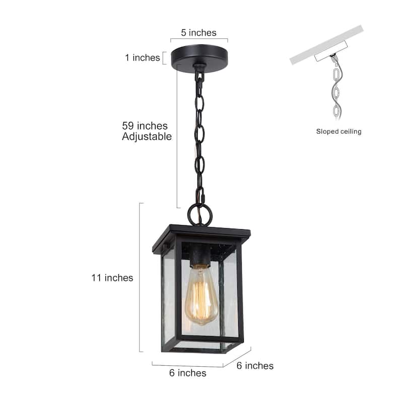 Bern Modern Industrial Matte-Black Outdoor Angular Ceiling Pendant with Seeded Glass - L 6"x W 6"x H 10.5"