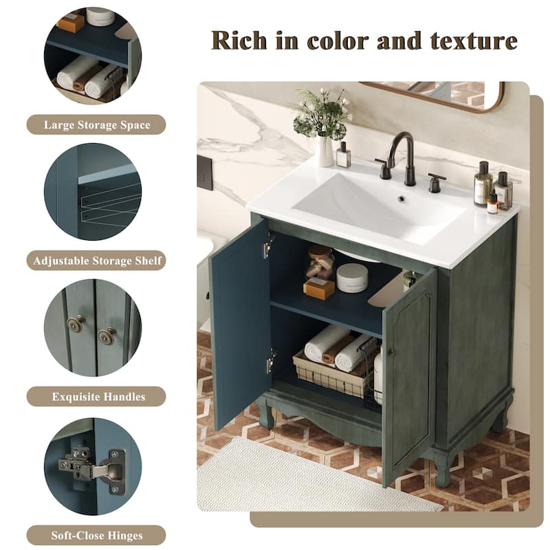 30-Inch Vintage Bathroom Vanity, Rectangle Ceramic Sink, 2 Doors, Solid Wood Legs and Adjustable Shelves