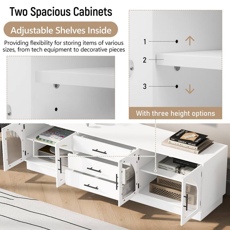68.9" Glass TV Stand with Arched Design and 3 Drawers