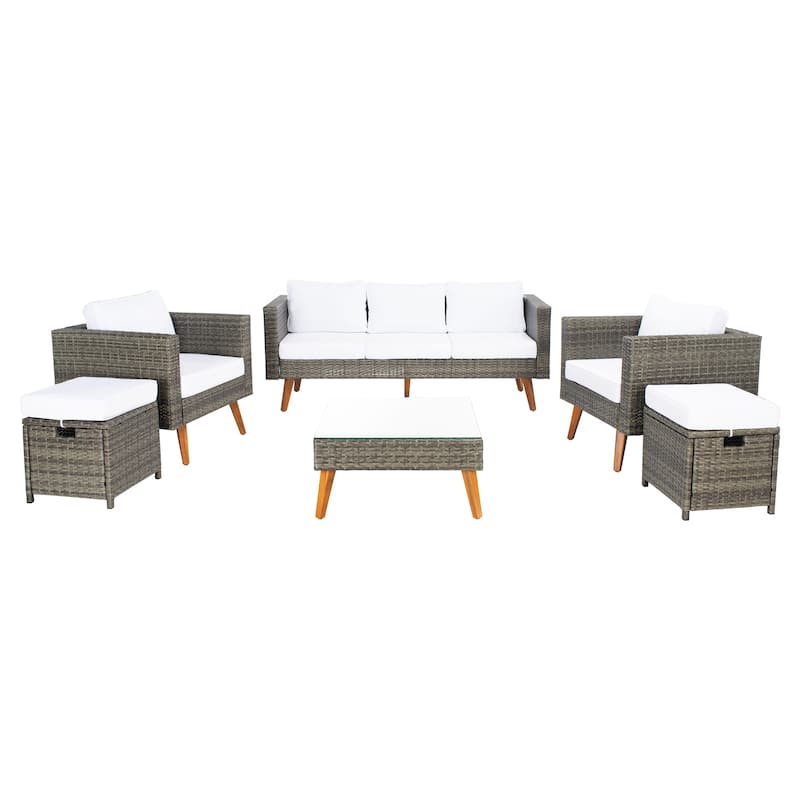 SAFAVIEH Outdoor Gojka 6-Piece Living Set - 69W x 26D x 27H - Grey Brown/White Cushion