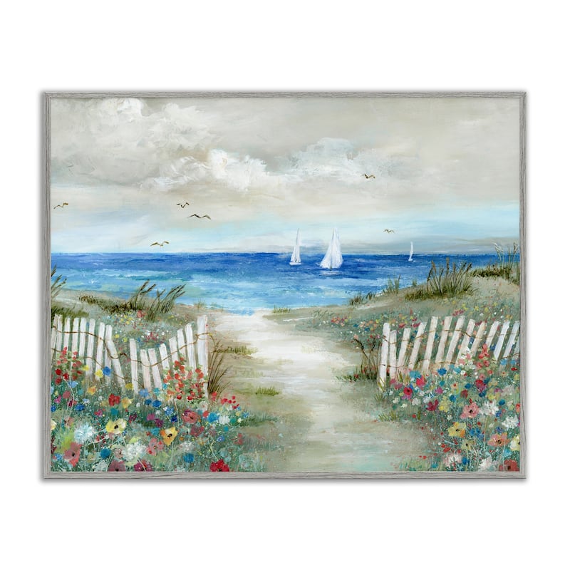 Stupell Gorgeous Beach Scene Poppies Blooming White Fence Ocean Framed Wall Art - Blue
