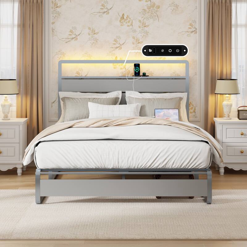 LED Queen Bed Frame Heavy Duty Queen Bed Frame with Headboard and Charging Station - Antique Silver