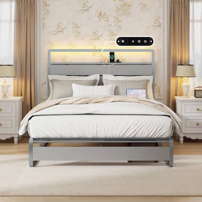 Metal Platform Bed Queen Size Bed Frame with LED light Headboard, Charging Station, Expanded Shelf, Easy Assembly,Antique Silver