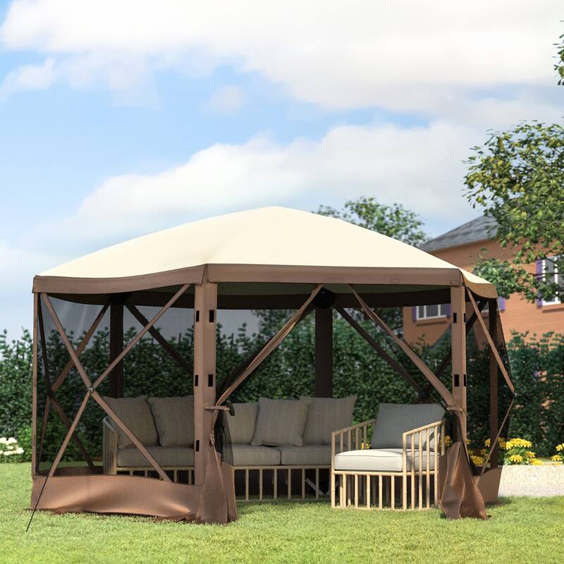 6 Sided Pop-Up Camping Gazebo Screen Tent with Mesh Windows and Portable Carry Bag