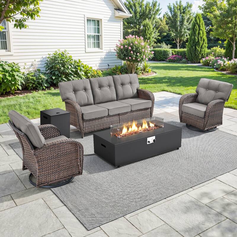 Pocassy 43 In Fire Pit w/ Outdoor Sofa Swivel Chair Ottoman Set - Brown Wicker Gray Cushion - 4PCS Fire Table w/ T-back Sofa Swivel Chair Set