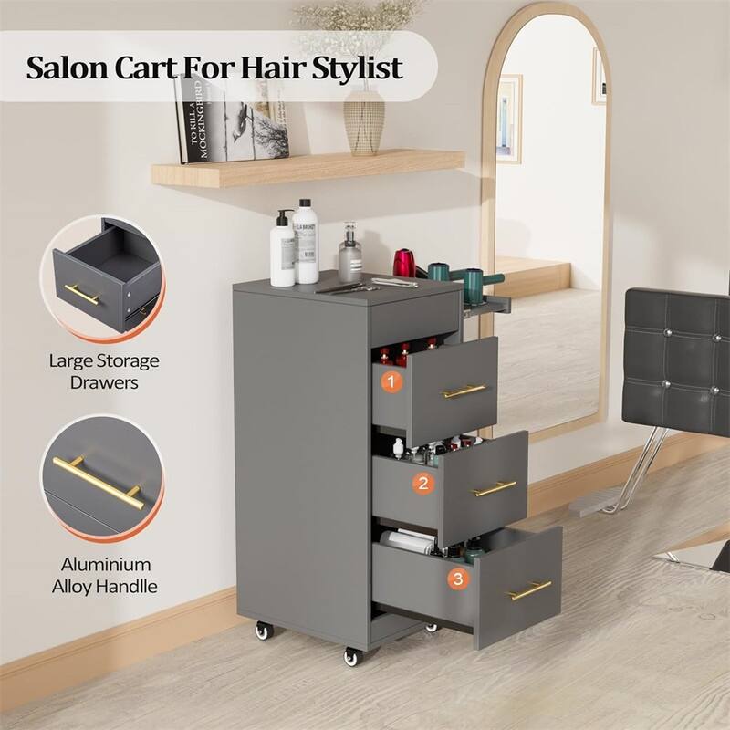 Salon Trolley Cart with Wheels, Wooden Hair Storage Cabinet - N/A