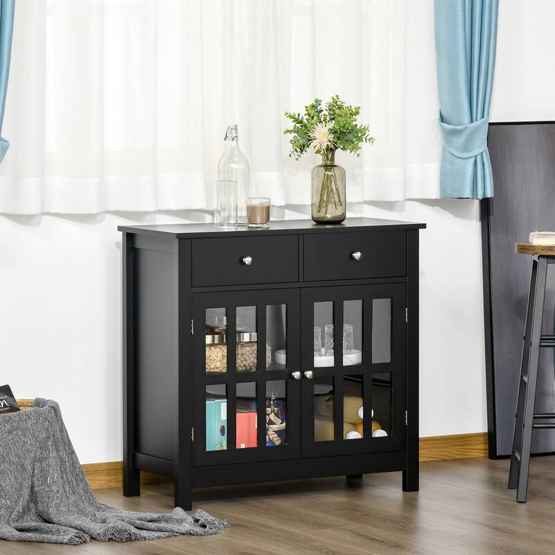 HOMCOM Sideboard Buffet Cabinet, Storage Serving Cabinet with Glass Doors, and Drawers for Kitchen - 31.5"x14"x30" - Black