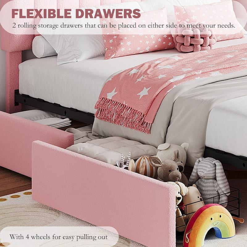 Upholstered Platform Bed with Storage Drawers and Bookcase Headboard, Noise-Free and Easy Assembly