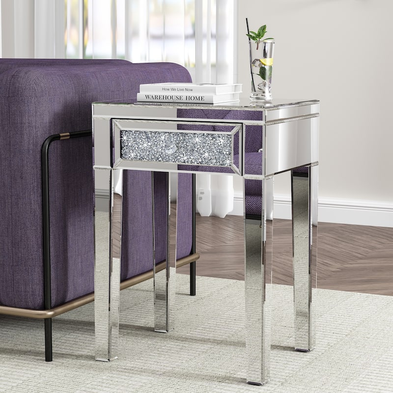 Mirrored Diamond End Table Side Table with 1 Drawer