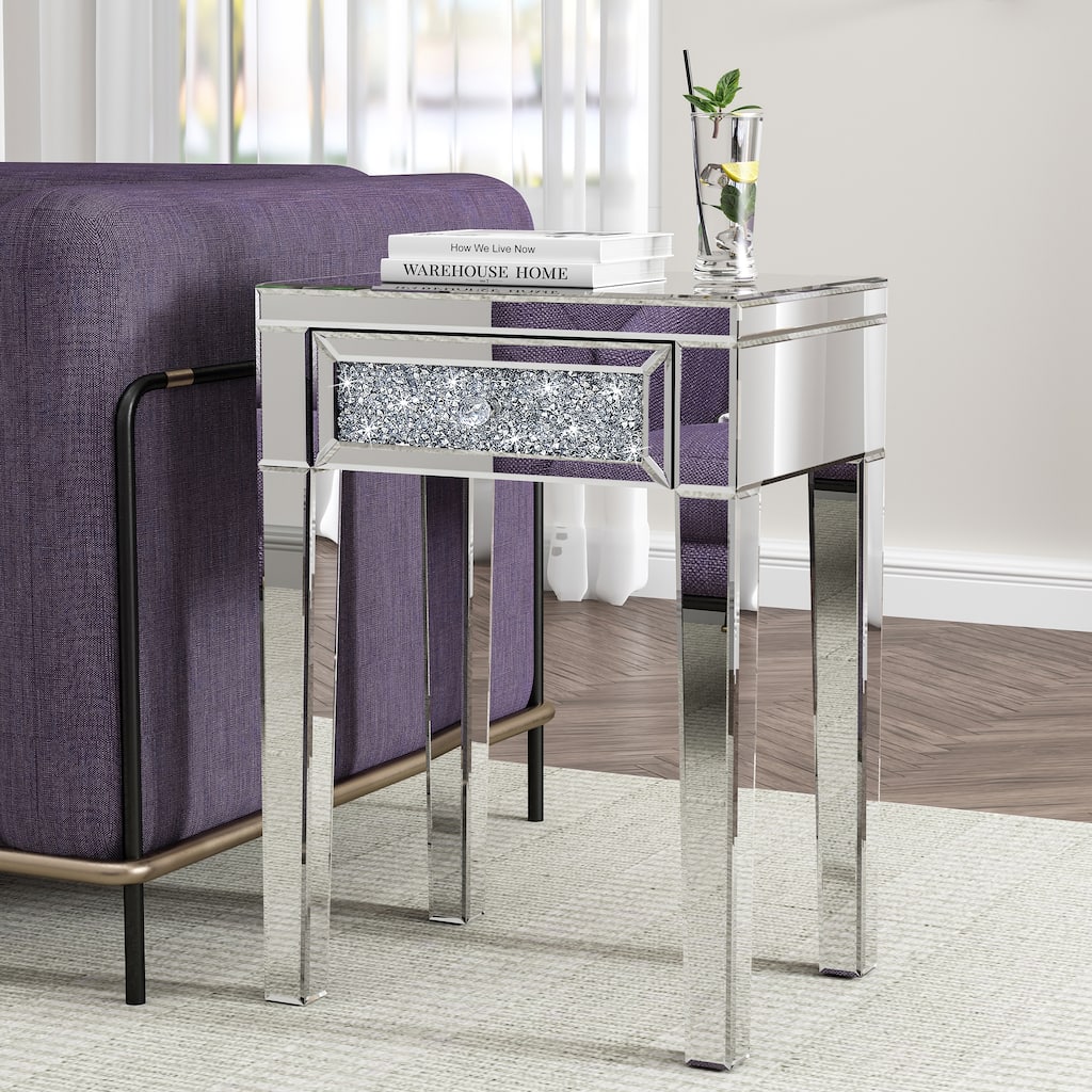 Mirrored Diamond End Table Side Table with 1 Drawer
