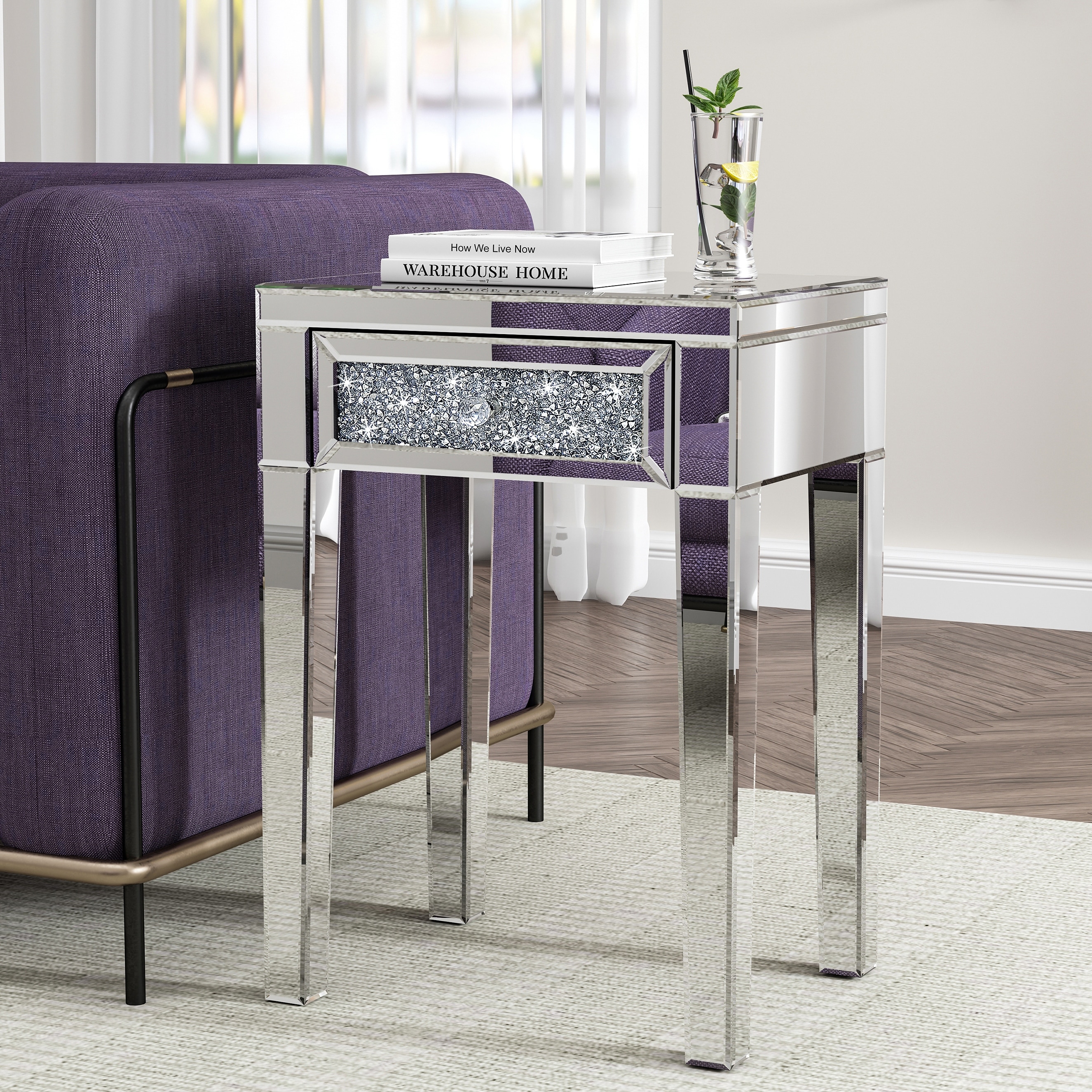 Mirrored Diamond End Table Side Table with 1 Drawer