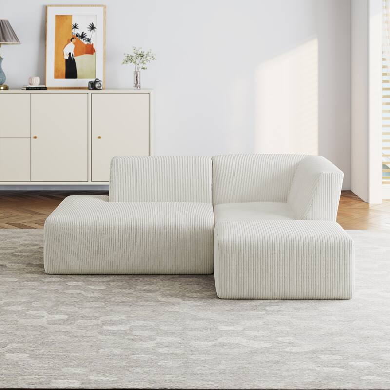 Modular All-Foam Corduroy Compression Sofa With Ottoman - Beige-3 Piece - Right Facing