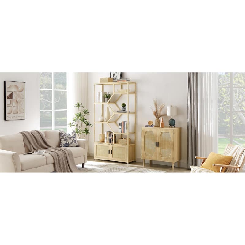 7-tier Rattan Bookcases with Cabinet - 39.4''W x 13.8''D x 75.6''H