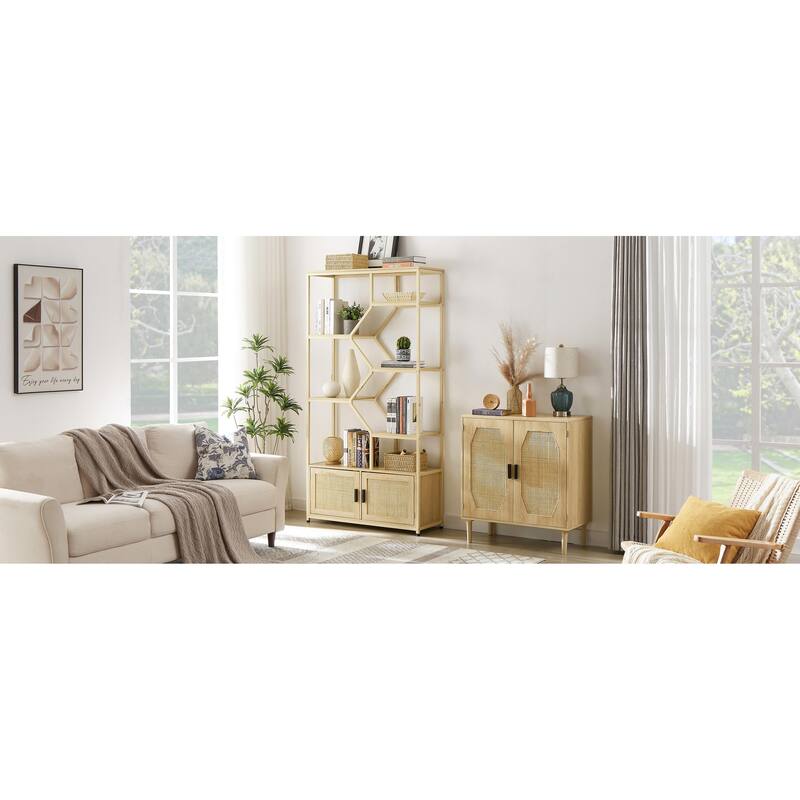 Rattan bookshelf 7 tiers Bookcases Storage Rack with cabinet for Living Room Home Office - Natural