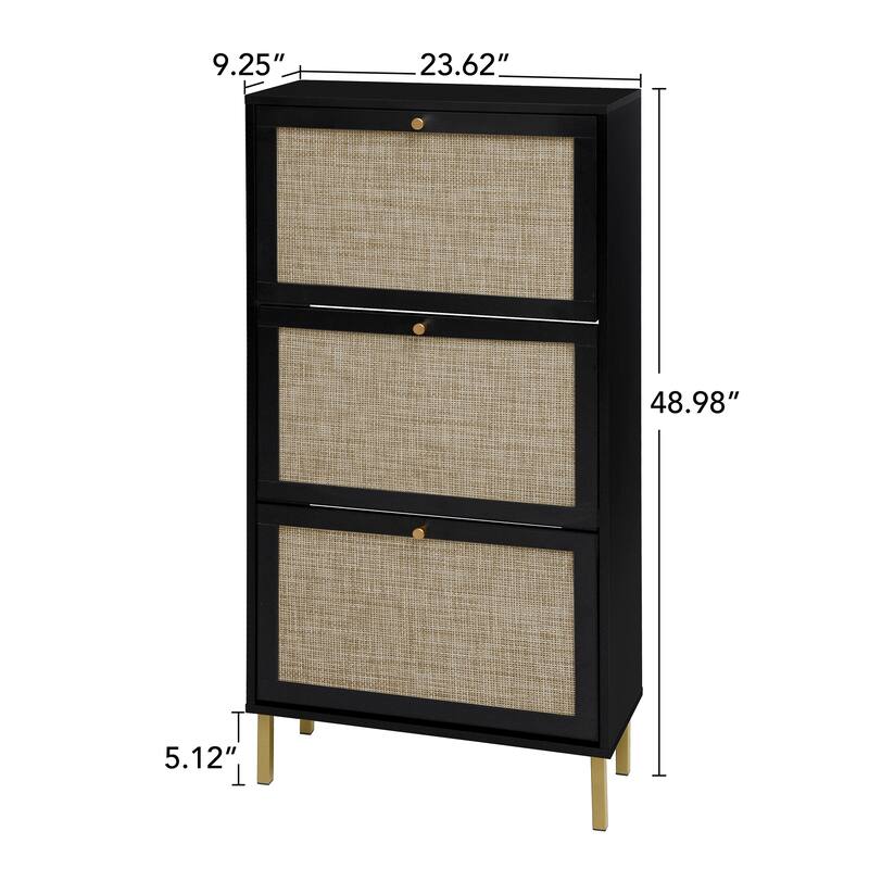 Shoe Storage Cabinet with 3 Flip Drawers, Freestanding 3-Tier Shoe Rack, Slim Shoe Organizer with Half Round Woven Rattan Doors