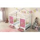 preview thumbnail 4 of 6, White+Pink Twin Wood House Bed with Drawers, Window Decoration