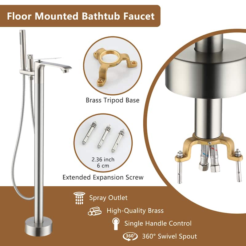 Bathtub Faucet, Floor Mount Free Standing Bathtub Faucet Tub Filler w/ Handheld Shower