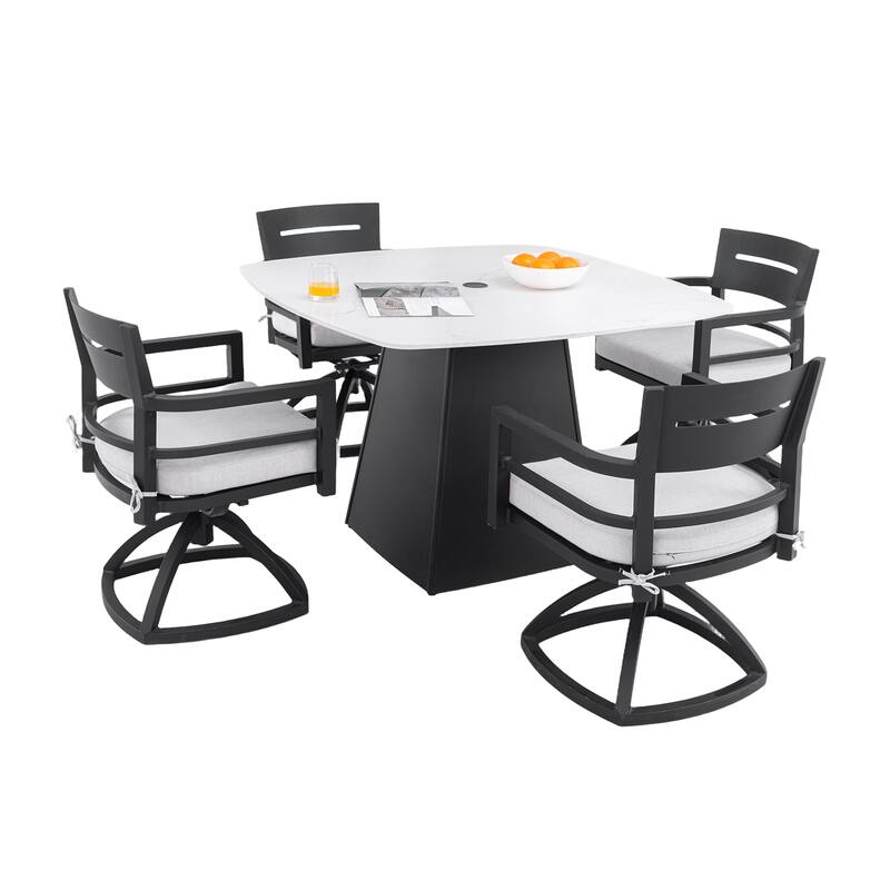 5-Piece Pedestal Dining Set - 44" Sintered Stone Table and 4 Swivel Rockers, Rust-Free Aluminum, Ember Black - Ember Black+White