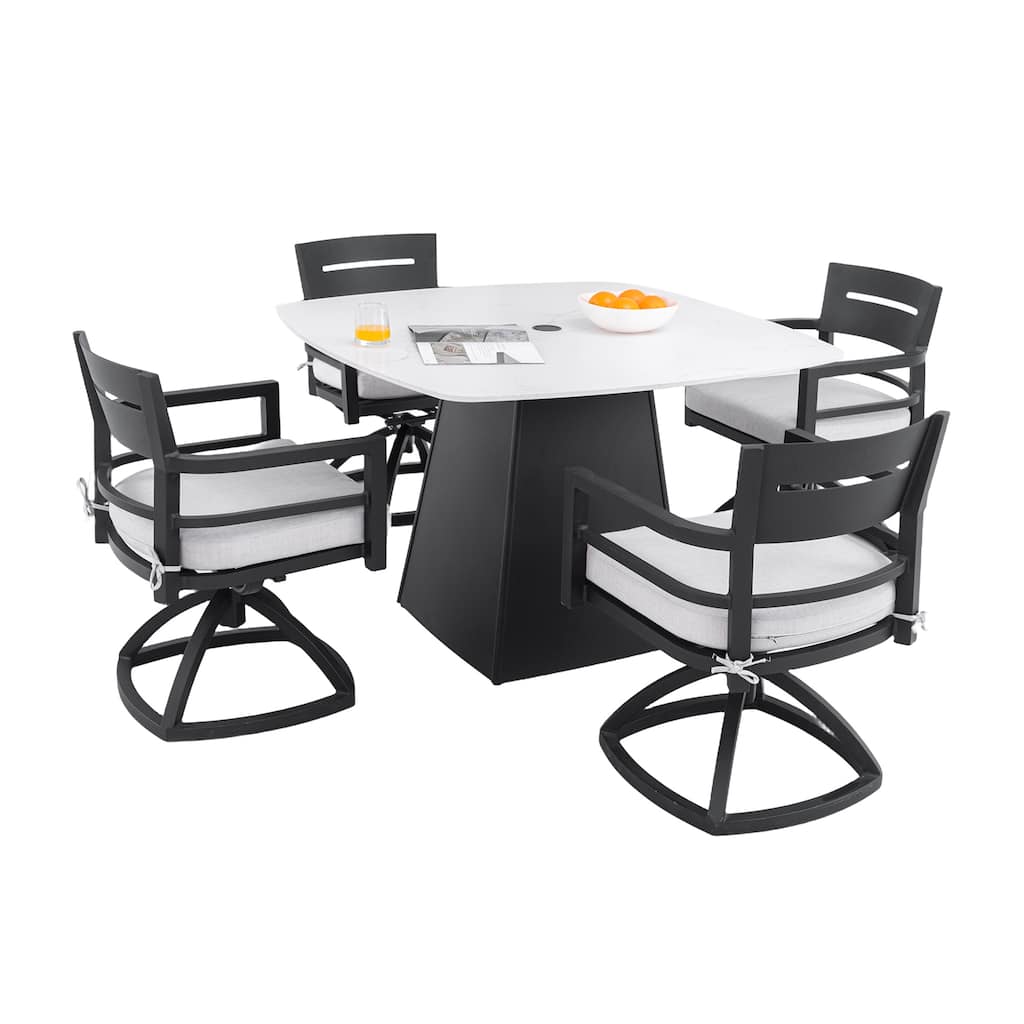 5-Piece Pedestal Dining Set - 44" Sintered Stone Table and 4 Swivel Rockers, Rust-Free Aluminum, Ember Black