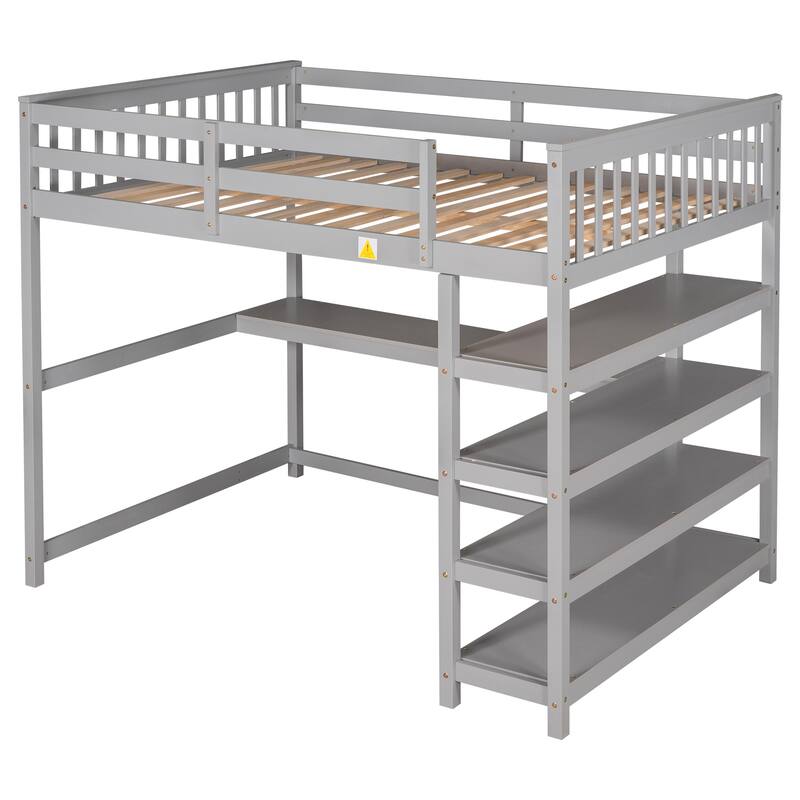 Full Size Loft Bed with Storage Shelves and Under-bed Desk in Gray